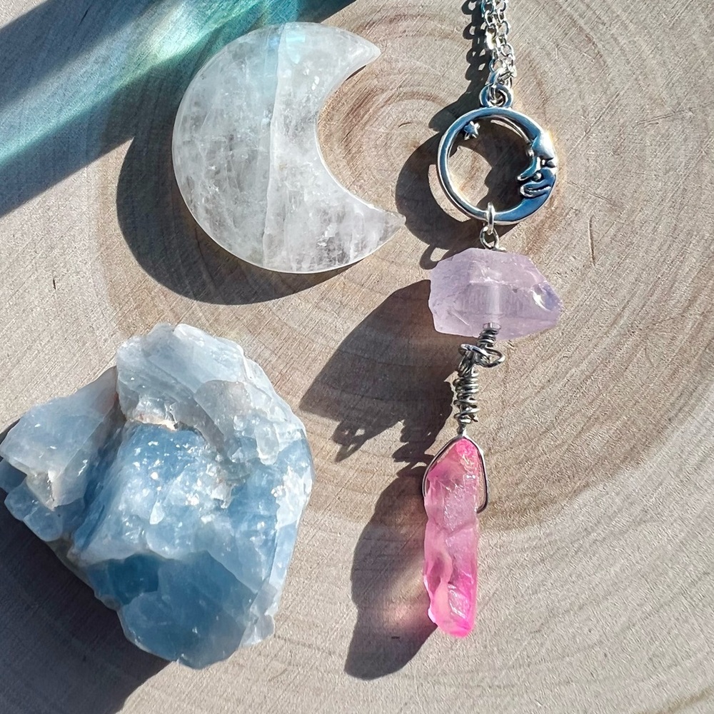 Pink Aura Quartz Luna Crystal Necklace